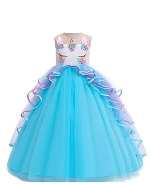 CosmicKolors Unicorn A-line Princess Long Maxi Gown Birthday Party Blue Dress for Girls
