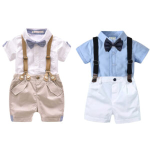 CosmicKolors Stylish Gentleman Half Sleeves Shirt and Suspender Style Shorts Combo Set (White + Blue) | Formal Clothing for Baby Boys