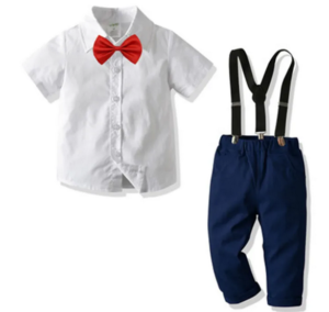 Cosmic Kolors Half White & Blue Pant With Red Bow Tie Suspenders