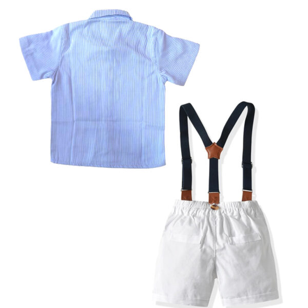CosmicKolors Baby Boys' Clothing Set: Stylish Blue Half Sleeves Striped Shirt and Suspender Style White Shorts with Bow-Tie - Image 2