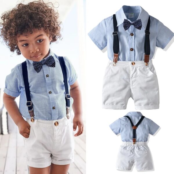 CosmicKolors Baby Boys' Clothing Set: Stylish Blue Half Sleeves Striped Shirt and Suspender Style White Shorts with Bow-Tie - Image 4