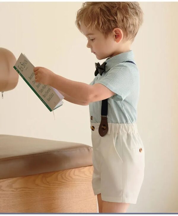 Baby Boys' Clothing Set:Half Sleeves Striped Green Shirt and White Shorts with Navy Blue Bow-Tie & Suspender Belu - Image 4