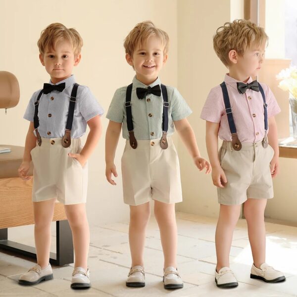 Baby Boys' Clothing Set:Half Sleeves Striped Green Shirt and White Shorts with Navy Blue Bow-Tie & Suspender Belu - Image 2