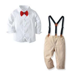 CK Full White Shirt and Brown Pant With Red Bow Tie and suspender